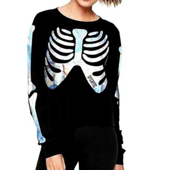PINK Victorias Secret Long Sleeve Crop Top With Skeleton Print. Pre-Owned. - Picture 1 of 5